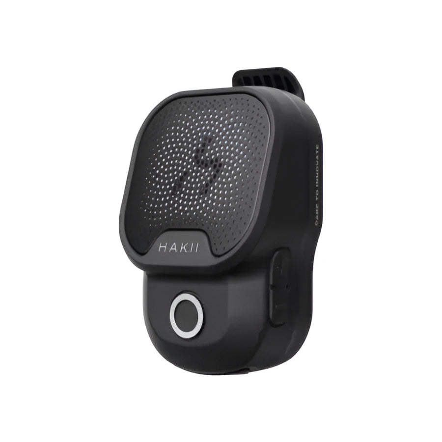 HAKII Boulder Clip-On Wearable Bluetooth Speaker, Black electronic device with 'HAKII' branding on a white background