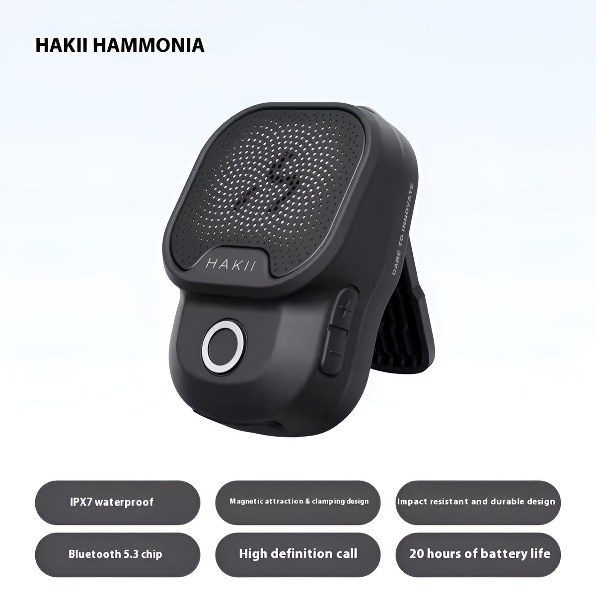 Black Bluetooth speaker with Hakii branding on a light gray background