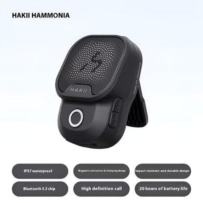 Black Bluetooth speaker with Hakii branding on a light gray background
