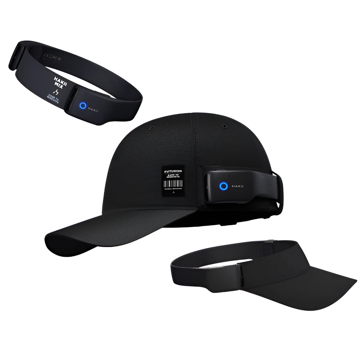 HAKII OG Wearable Open-listening Headphones Set, Black cap with a built-in device on a white background