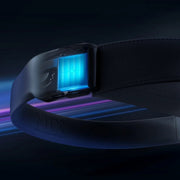 HAKII MIXV Smart Bluetooth Visor Headphones - Black, Smartwatch with a glowing display on a dark background