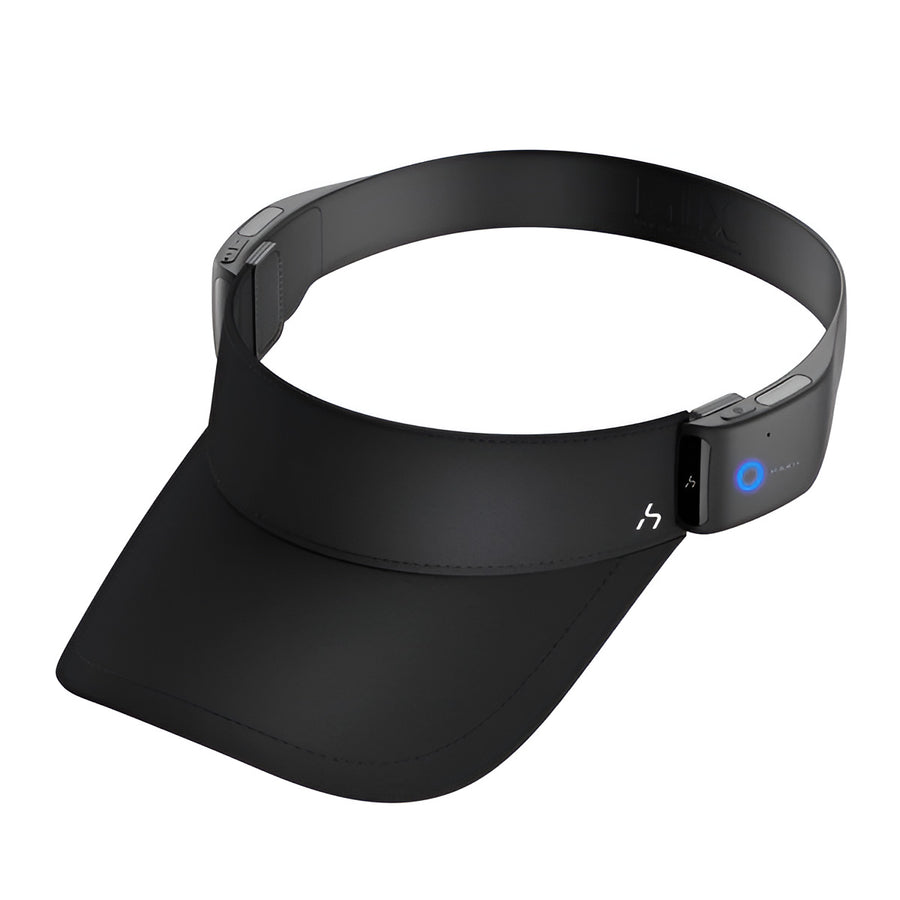 HAKII MIXV Smart Bluetooth Visor Headphones - Black, Black visor with electronic components on a white background