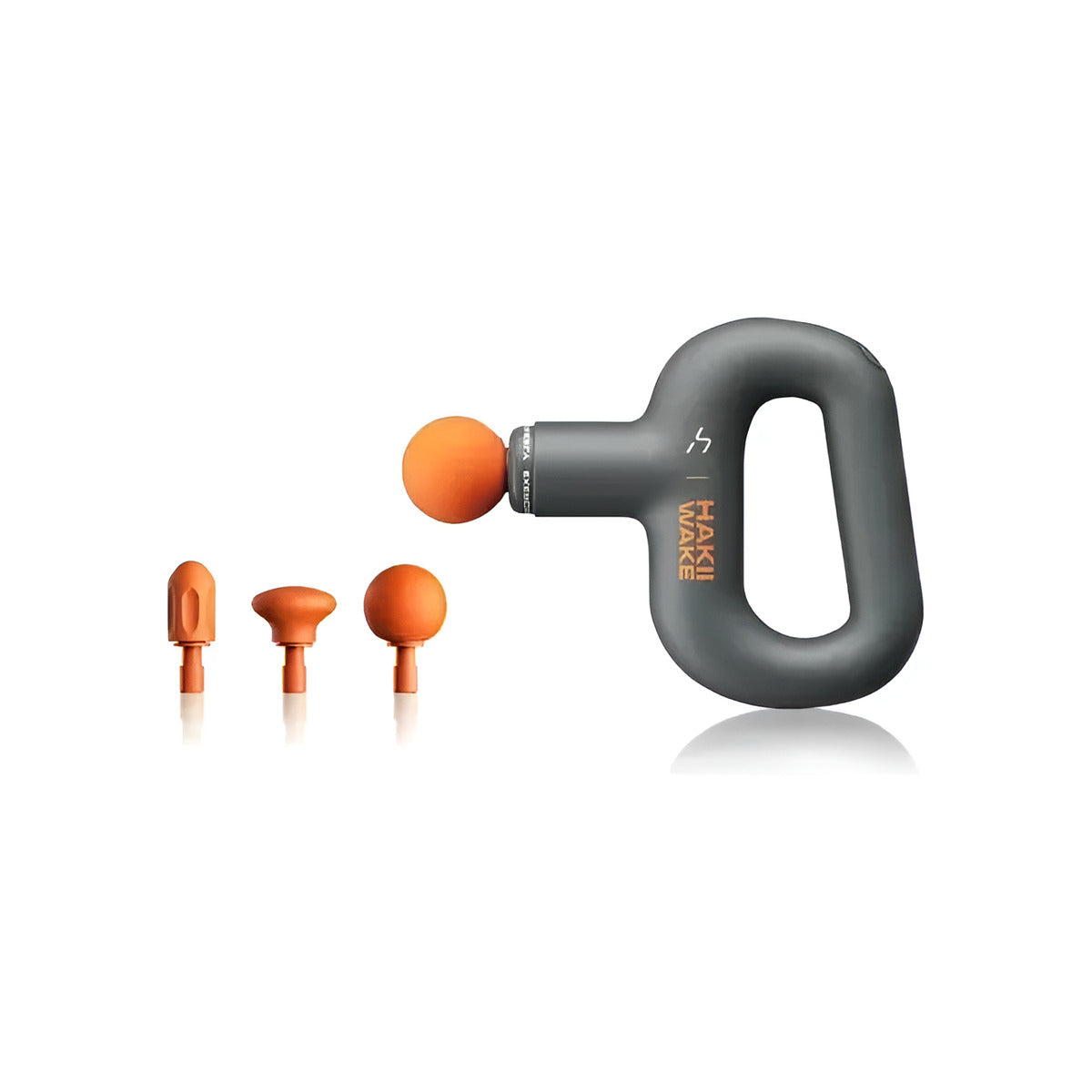 HAKII WAKE Percussion Massage Gun, Gray and orange earbud with three additional ear tips on a white background