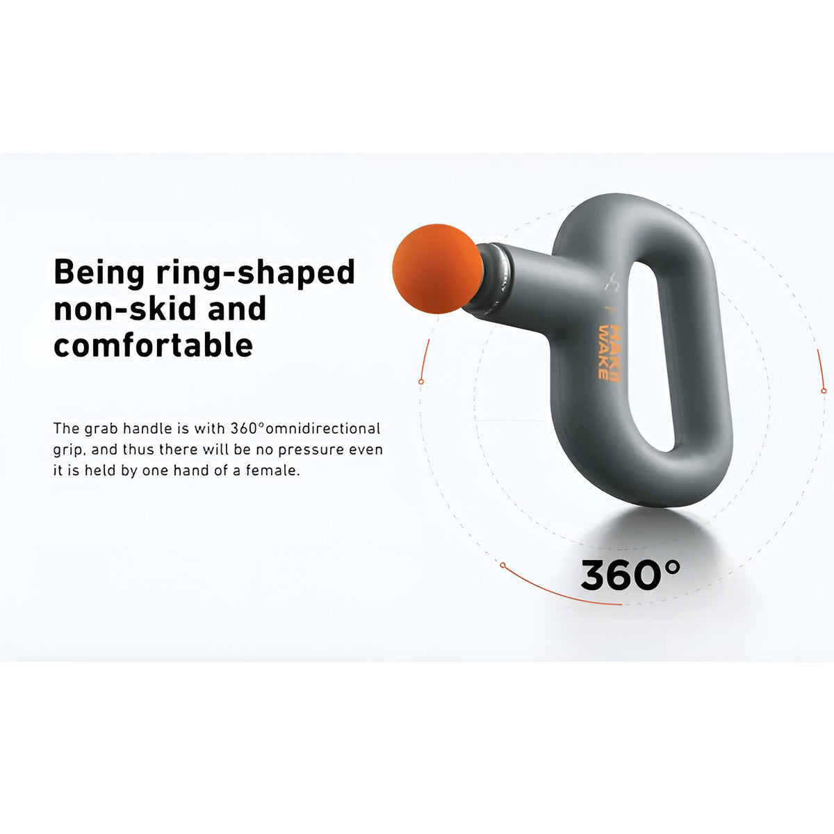 HAKII WAKE Percussion Massage Gun, Gray and orange grab handle with text on a white background