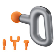HAKII WAKE Percussion Massage Gun, Silver device with orange attachments on a white background