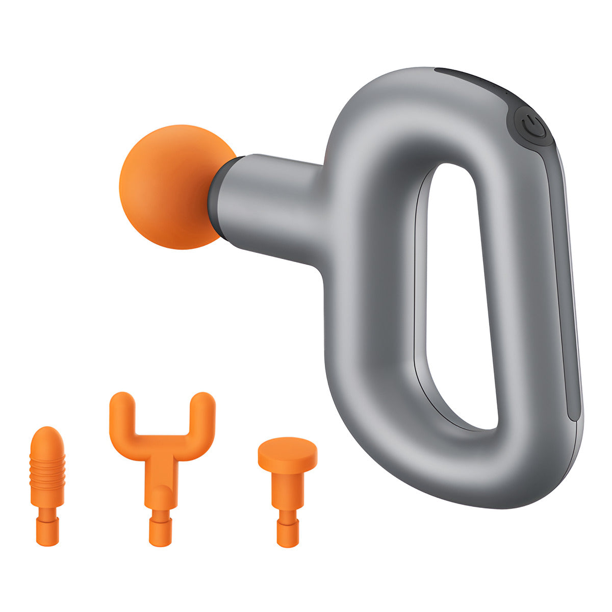 HAKII WAKE Percussion Massage Gun, Silver device with orange attachments on a white background