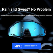 HAKII Wind II Bluetooth Cycling Glasses, Bluetooth cycling glasses with water droplets on the lens, emphasizing IPX5 waterproof feature.