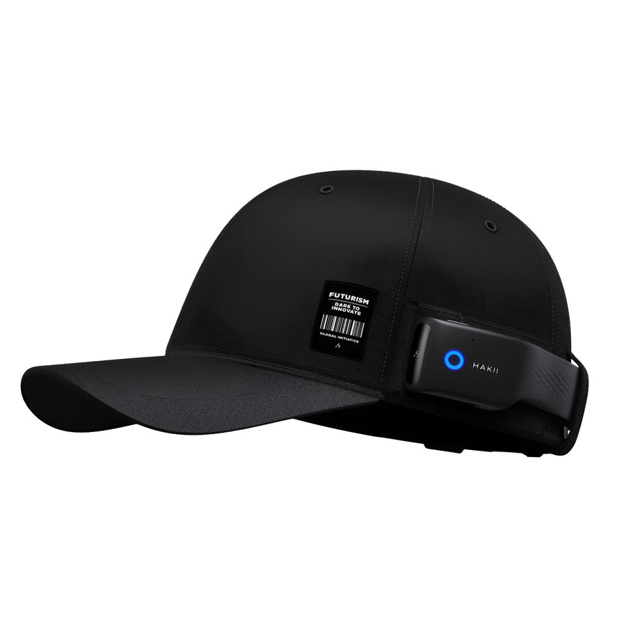 HAKII OG Wearable Open-listening Headphones Set, Black cap with a futuristic device on a white background