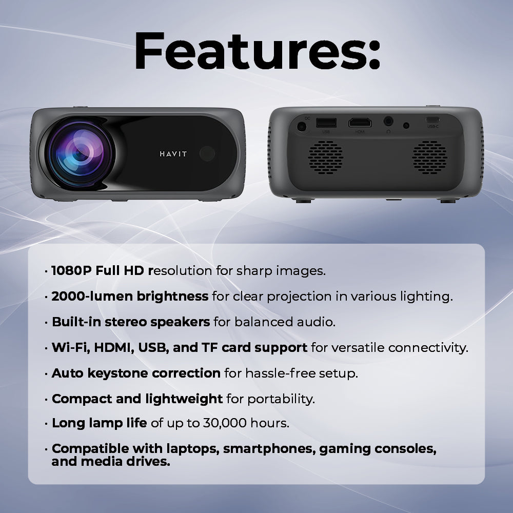 HAVIT PJ221-EU 1080P Smart Projector WiFi 2000 Lumens Portable