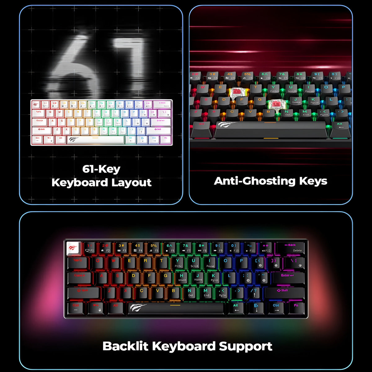 Gaming keyboard with features highlighted on a dark background