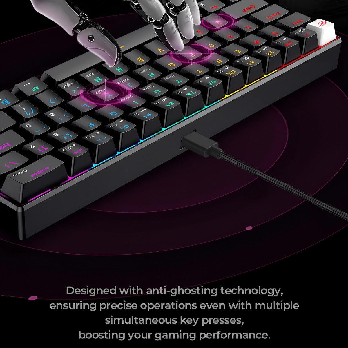 Gaming keyboard with illuminated keys and a robotic hand interacting with it on a dark background.