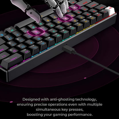 Gaming keyboard with illuminated keys and a robotic hand interacting with it on a dark background.
