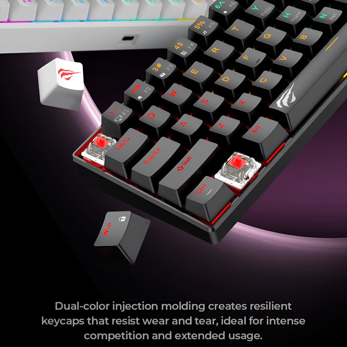 Mechanical keyboard with red switches on a dark background