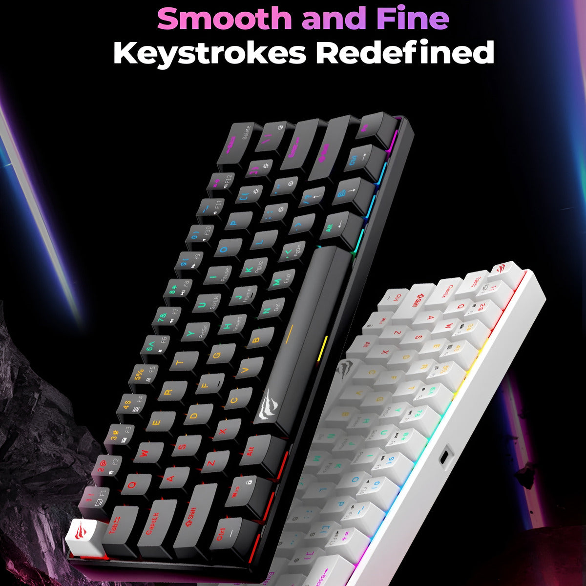 Two mechanical keyboards with RGB lighting on a dark background, text 'Smooth and Fine Keystrokes Redefined' above.