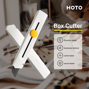 HOTO Precision Utility Knife 18mm Box cutter with features highlighted on a blurred background