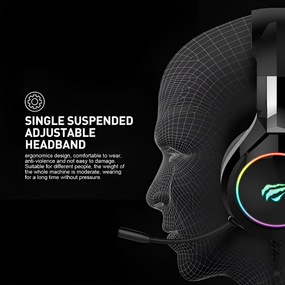 Headset with a single suspended adjustable headband on a black background