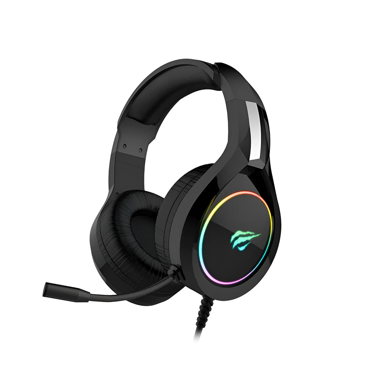 Black gaming headset with RGB lighting on a white background