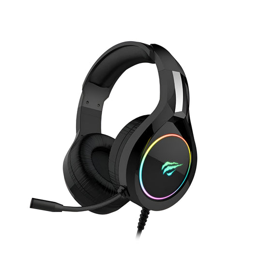 Black gaming headset with RGB lighting on a white background