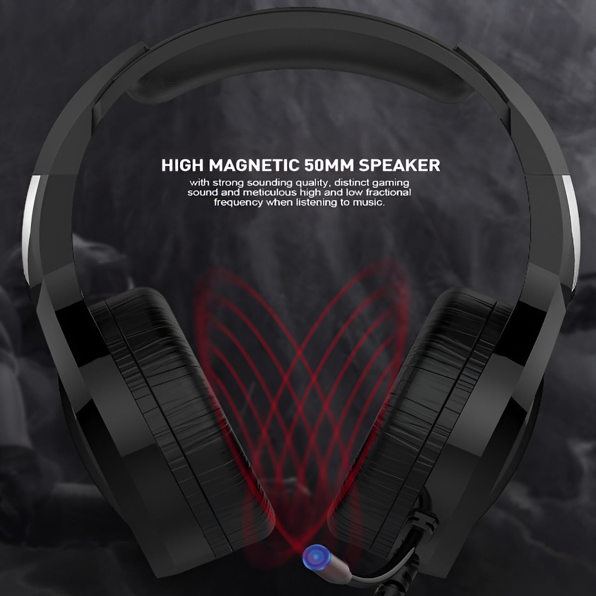 Black gaming headset with red accents on a dark background