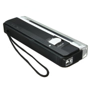 A handheld blacklight with a flexible neck and a button on the top, used to verify hidden security features on banknotes and passports.