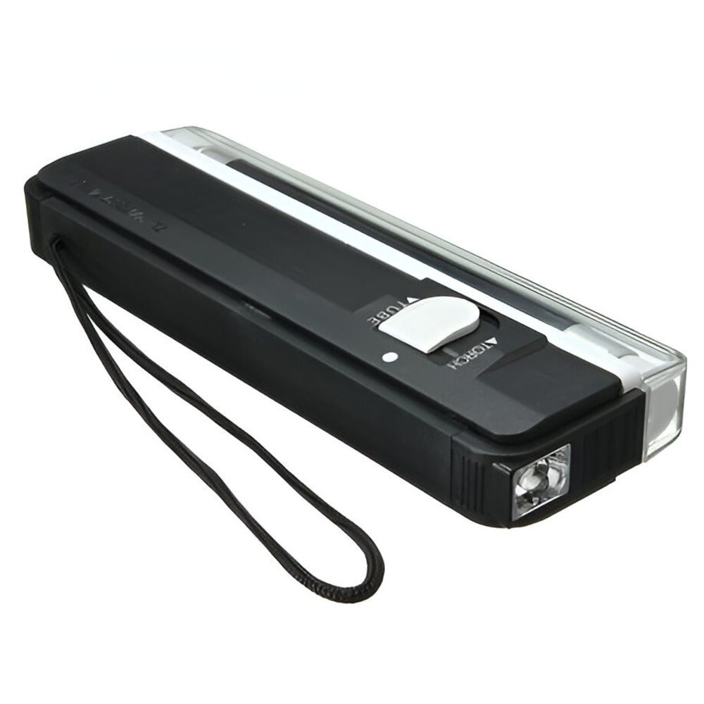A handheld blacklight with a flexible neck and a button on the top, used to verify hidden security features on banknotes and passports.