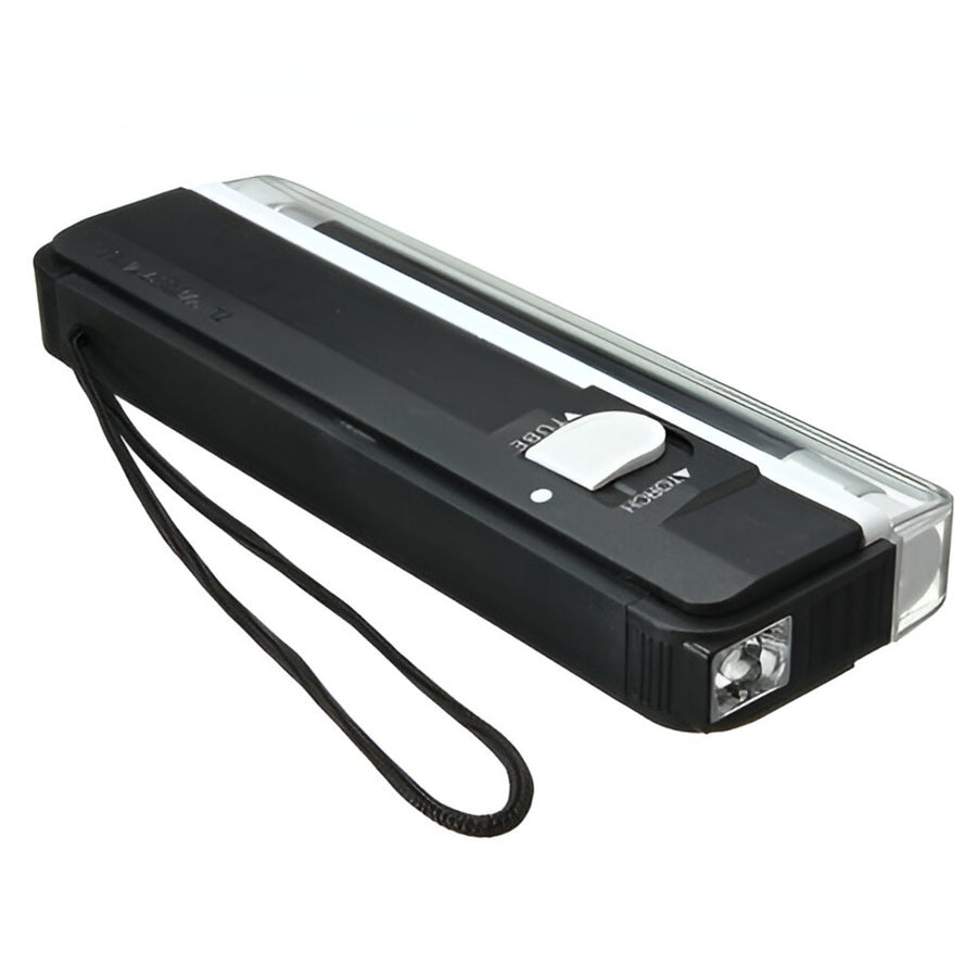 A handheld blacklight with a flexible neck and a button on the top, used to verify hidden security features on banknotes and passports.