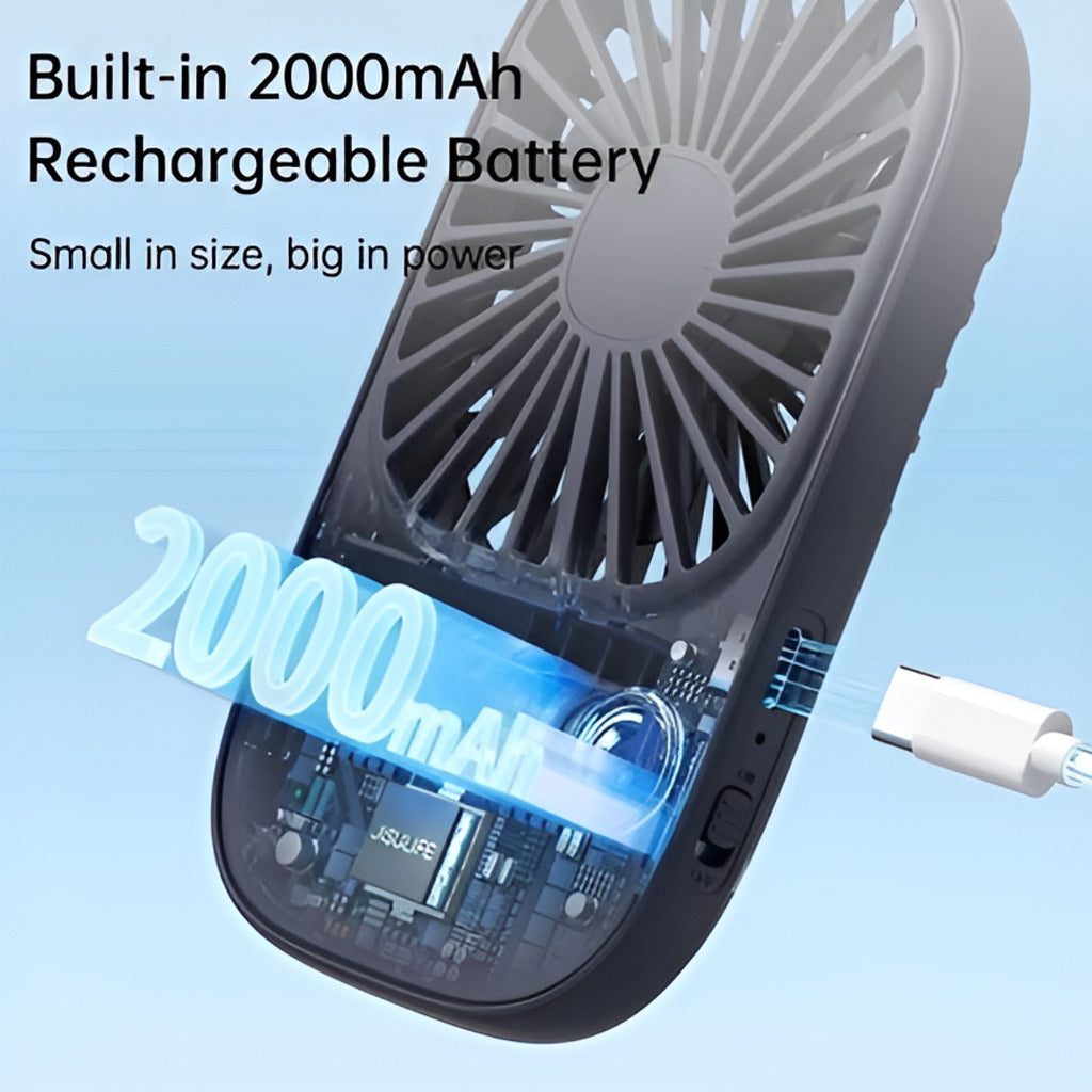 Portable fan with rechargeable battery indicator on a light blue background