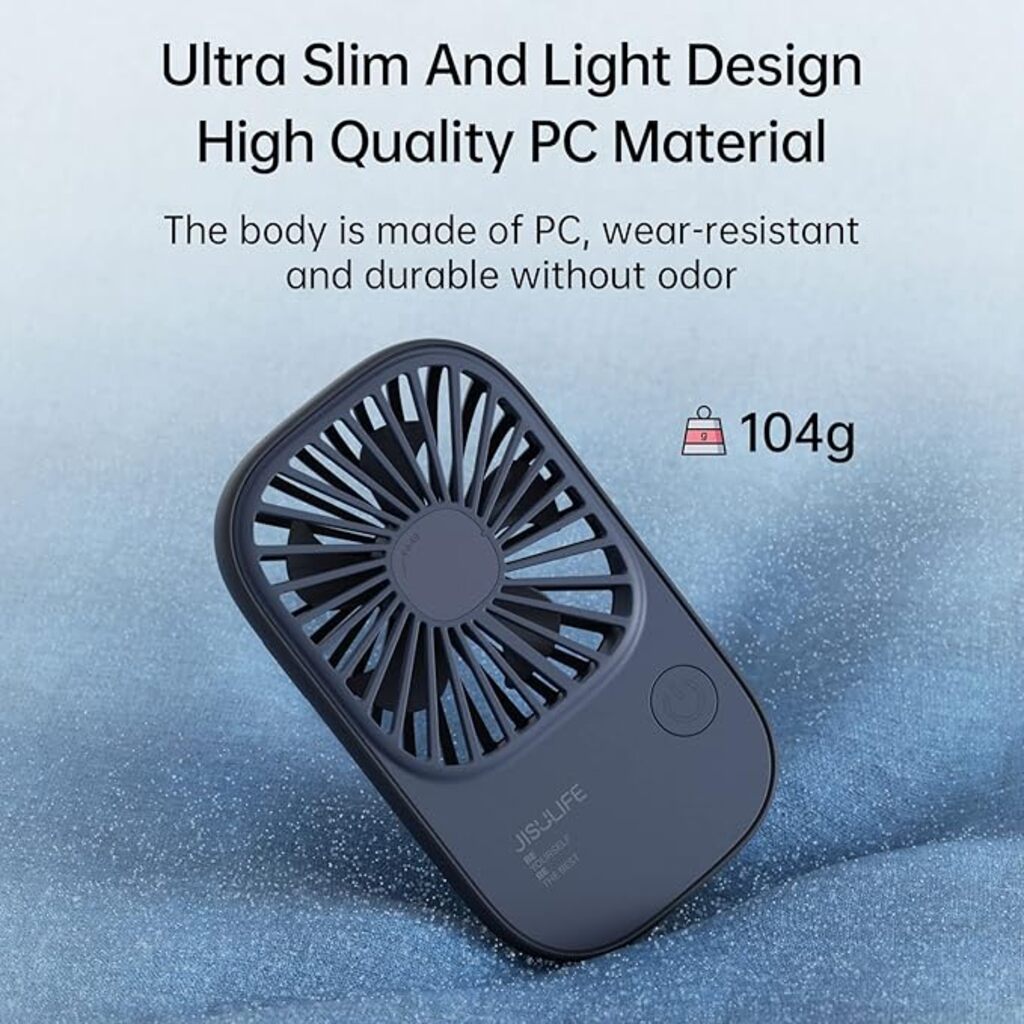 Portable fan with text highlighting its ultra-slim design, high-quality PC material, and weight on a blue background.