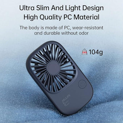 Portable fan with text highlighting its ultra-slim design, high-quality PC material, and weight on a blue background.