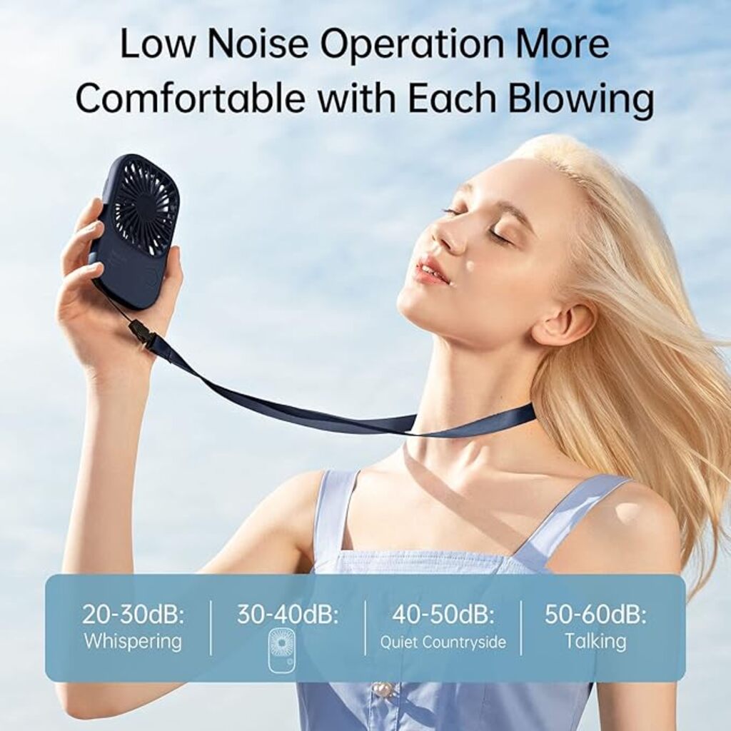 Woman using a portable fan with text about low noise operation on a light blue background