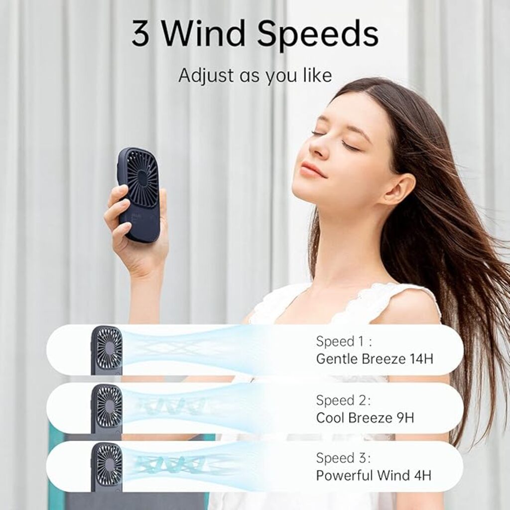 Person holding a handheld fan with three wind speed options displayed.