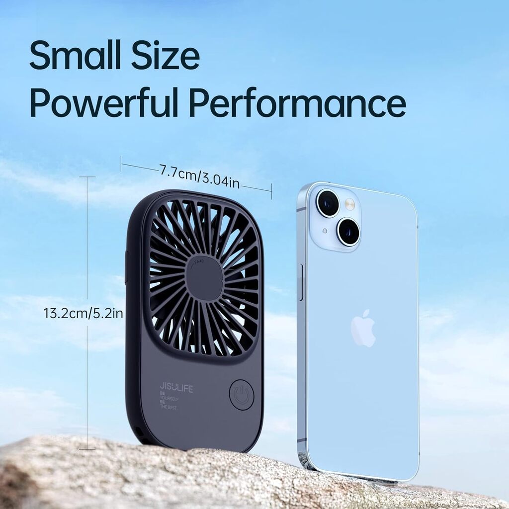 Small portable fan next to a smartphone with dimensions and text on a blue background