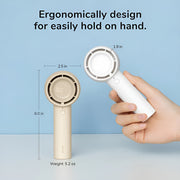 Jisulife Life5 Handheld Fan 2000mAh Portable Quiet USB-C Handheld device with measurements and a hand holding it against a blue background