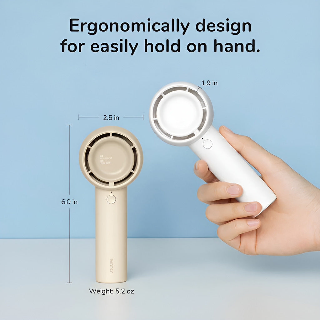 Jisulife Life5 Handheld Fan 2000mAh Portable Quiet USB-C Handheld device with measurements and a hand holding it against a blue background