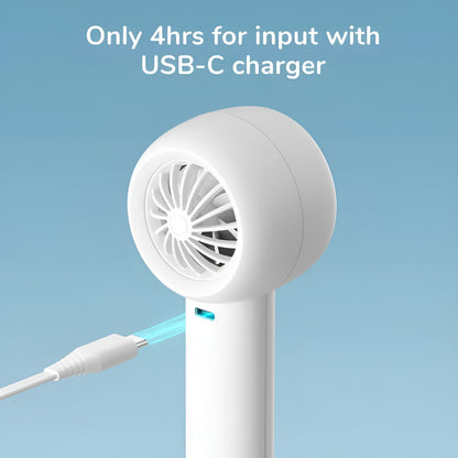 White handheld fan with USB-C charger on a blue background
