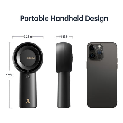 Portable handheld device with dimensions compared to a smartphone on a white background