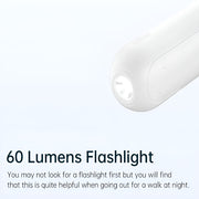 Jisulife Life8 3-in-1 Portable Fan Power Bank Torch USB-C White flashlight on a light gray background with text about lumens and usage.