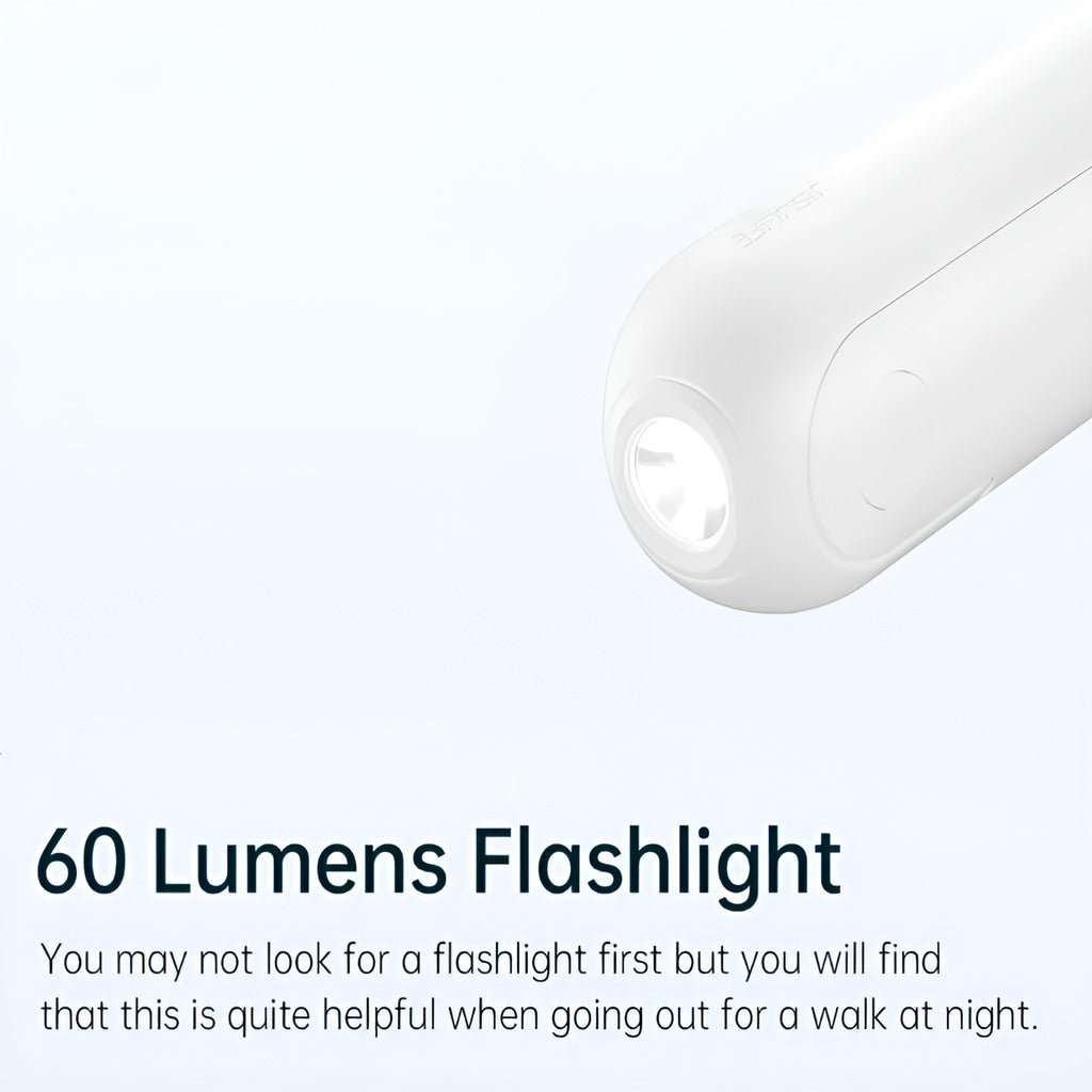 Jisulife Life8 3-in-1 Portable Fan Power Bank Torch USB-C White flashlight on a light gray background with text about lumens and usage.