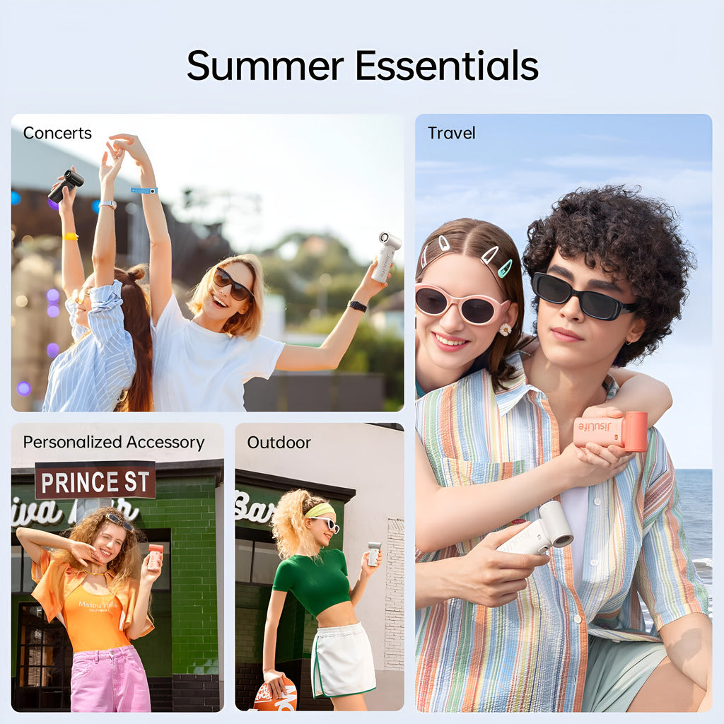 Jisulife Life9 Handheld Fan 3600mAh High Speed Portable Collage of people enjoying summer activities with sunglasses, featuring text 'Summer Essentials'.