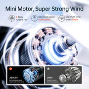 Jisulife Life9 Handheld Fan 3600mAh High Speed Portable Mini motor with 9-blade turbine fan and specifications on a white background