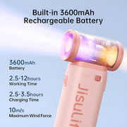 Jisulife Life9 Handheld Fan 3600mAh High Speed Portable Pink handheld device with text about battery capacity, working time, charging time, and maximum wind force on a light blue background.