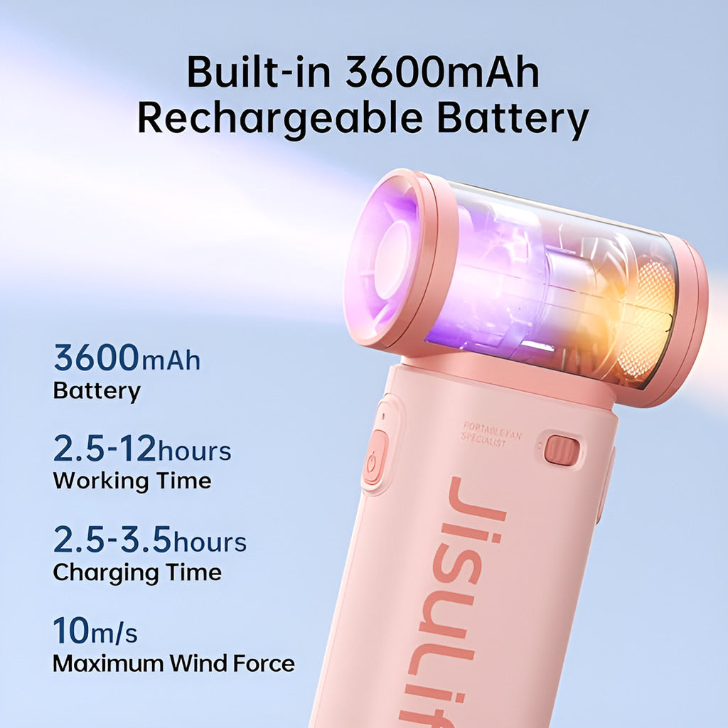 Jisulife Life9 Handheld Fan 3600mAh High Speed Portable Pink handheld device with text about battery capacity, working time, charging time, and maximum wind force on a light blue background.