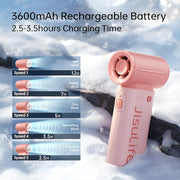 Jisulife Life9 Handheld Fan 3600mAh High Speed Portable Pink handheld hair dryer with charging time and wind speed information on a snowy background