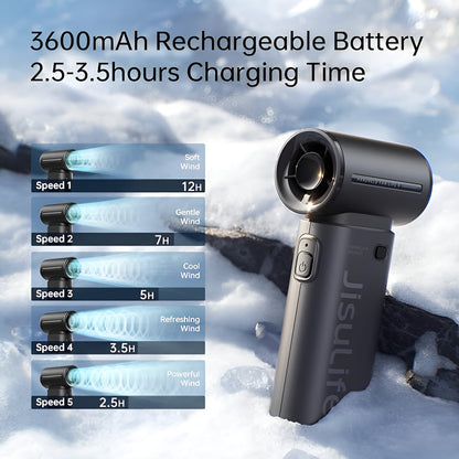 Handheld device with wind speed settings displayed on a snowy background