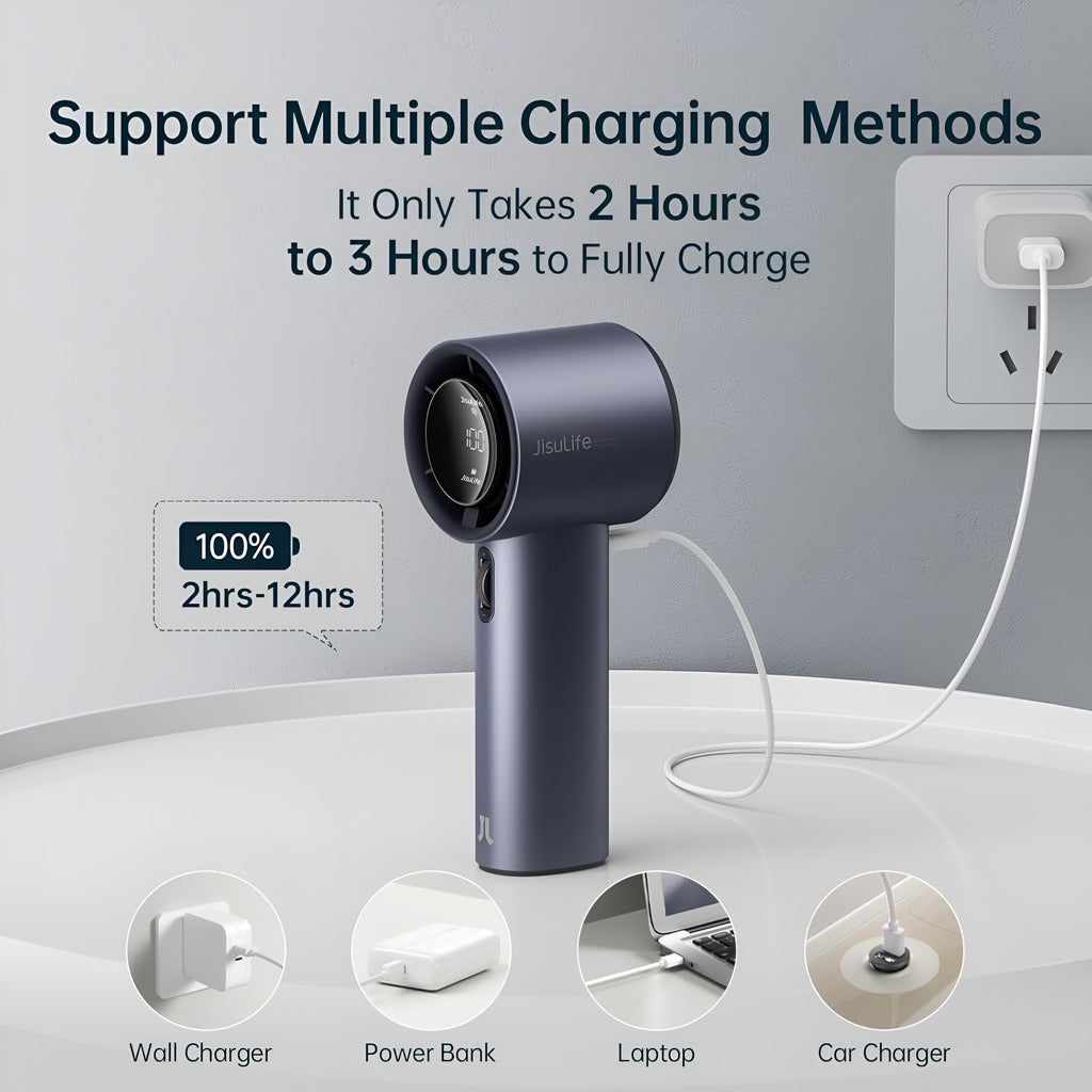 Jisulife Pro1 Handheld Fan 3600mAh 100 Speed Portable Fan Black handheld device being charged with text about charging methods and time on a gray background.