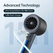 Jisulife Pro1 Handheld Fan 3600mAh 100 Speed Portable Fan Hair dryer with charging cable on a light blue background, highlighting battery life and charging time.