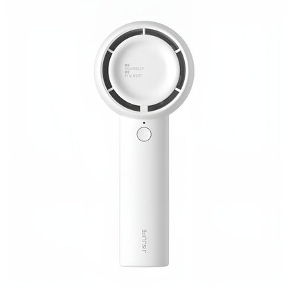 White handheld fan with black accents on a white background