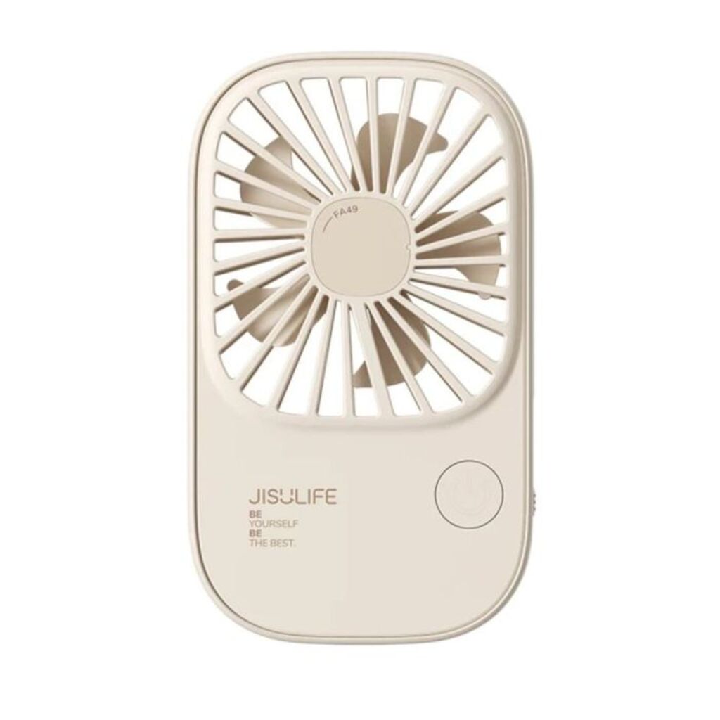 Beige handheld fan with 'JISULIFE' branding on a white background