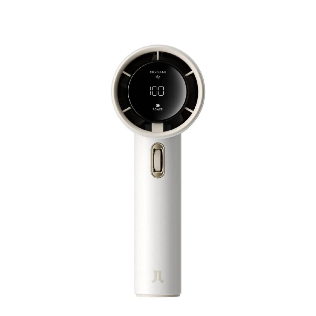 Jisulife Pro1 Handheld Fan 3600mAh 100 Speed Portable Fan White handheld device with digital display on a white background