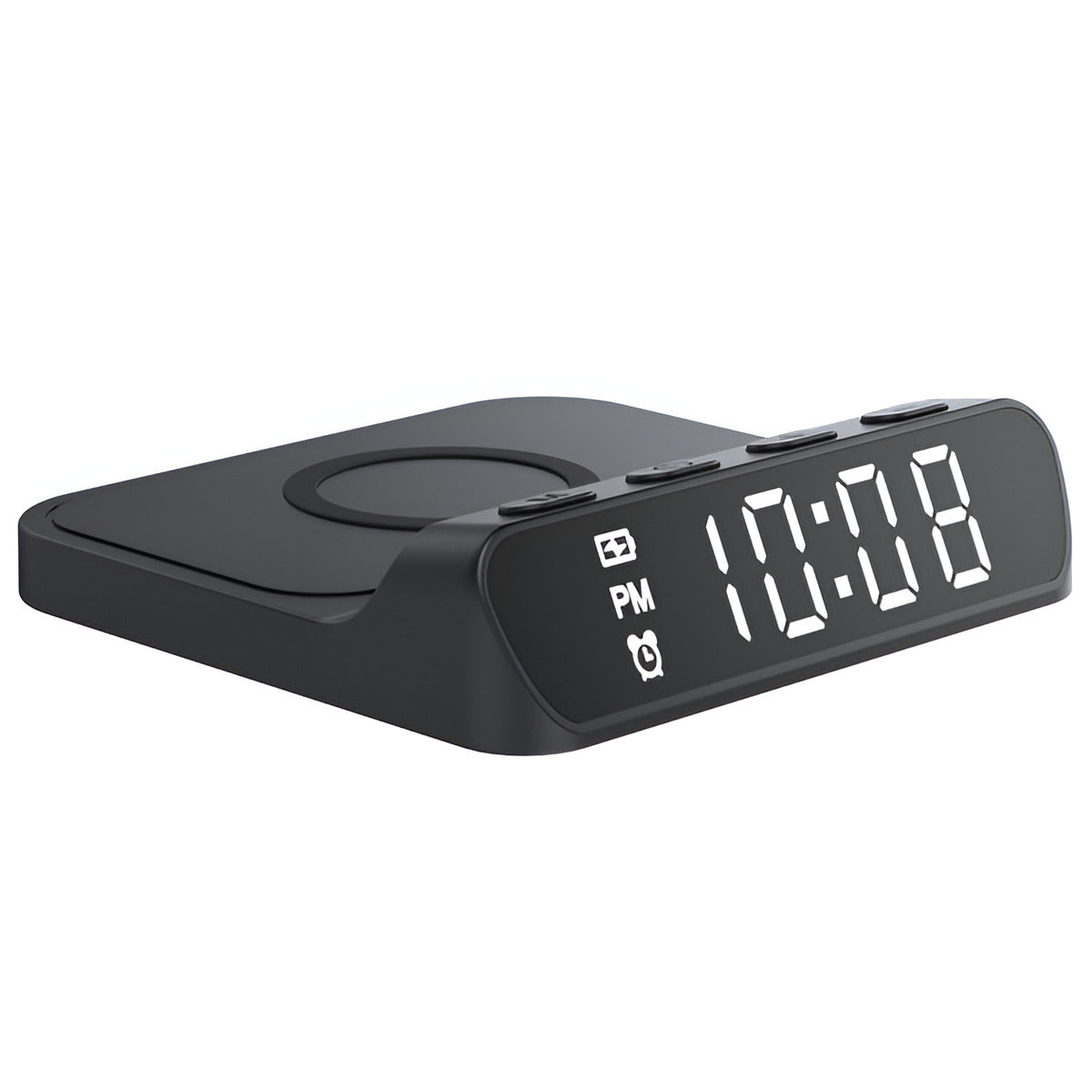 Black digital clock with wireless charging pad on a white background